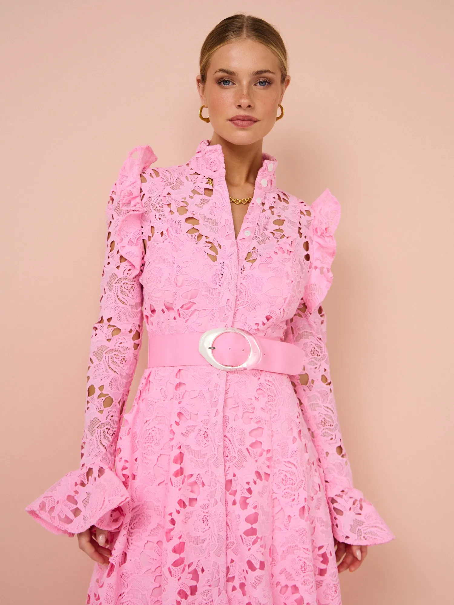 Leo Lin Aliyah Lace Butterfly Sleeve Midi Dress in Candy Pink