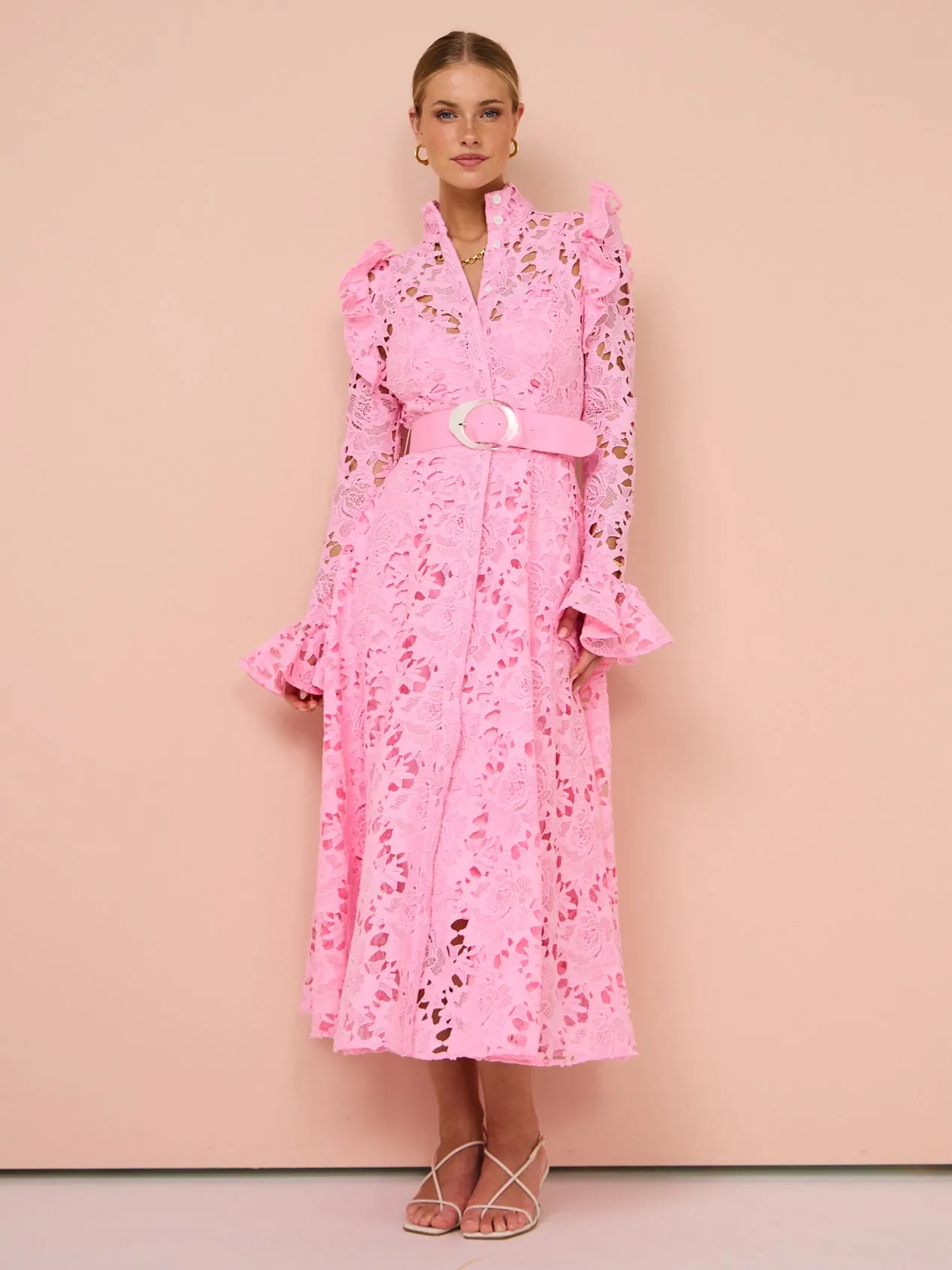 Leo Lin Aliyah Lace Butterfly Sleeve Midi Dress in Candy Pink