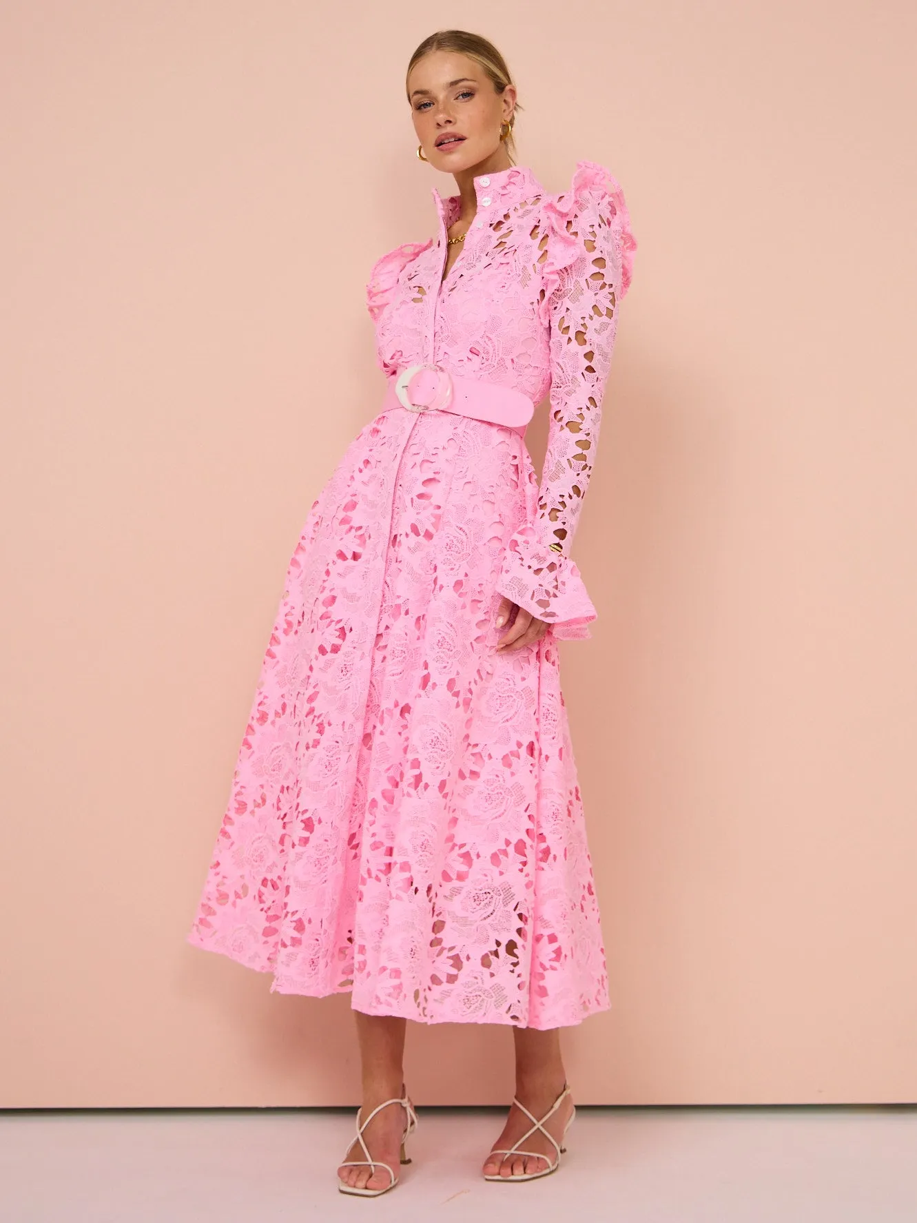 Leo Lin Aliyah Lace Butterfly Sleeve Midi Dress in Candy Pink