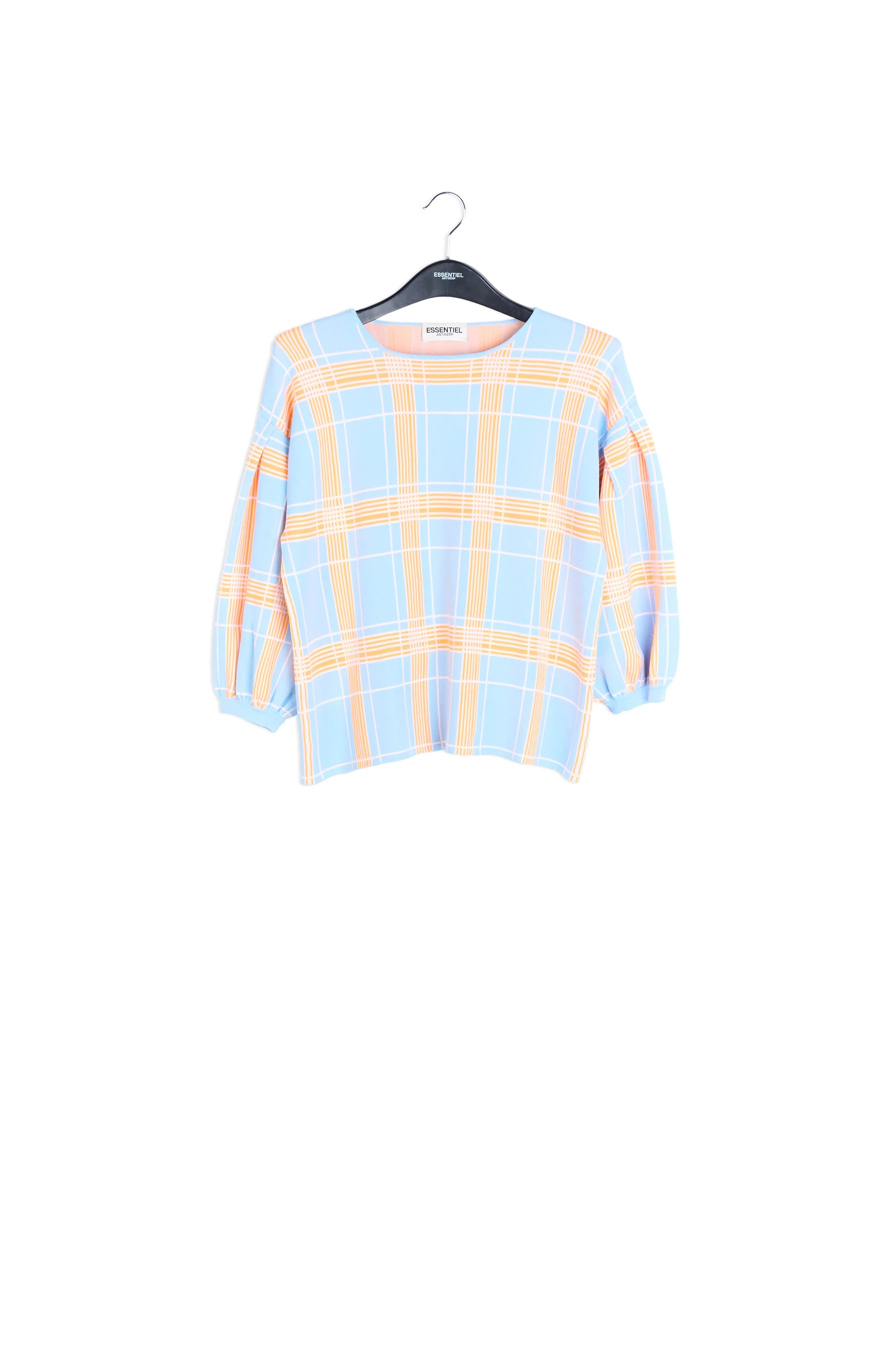 Light blue puffed sleeve knitted top with check motif