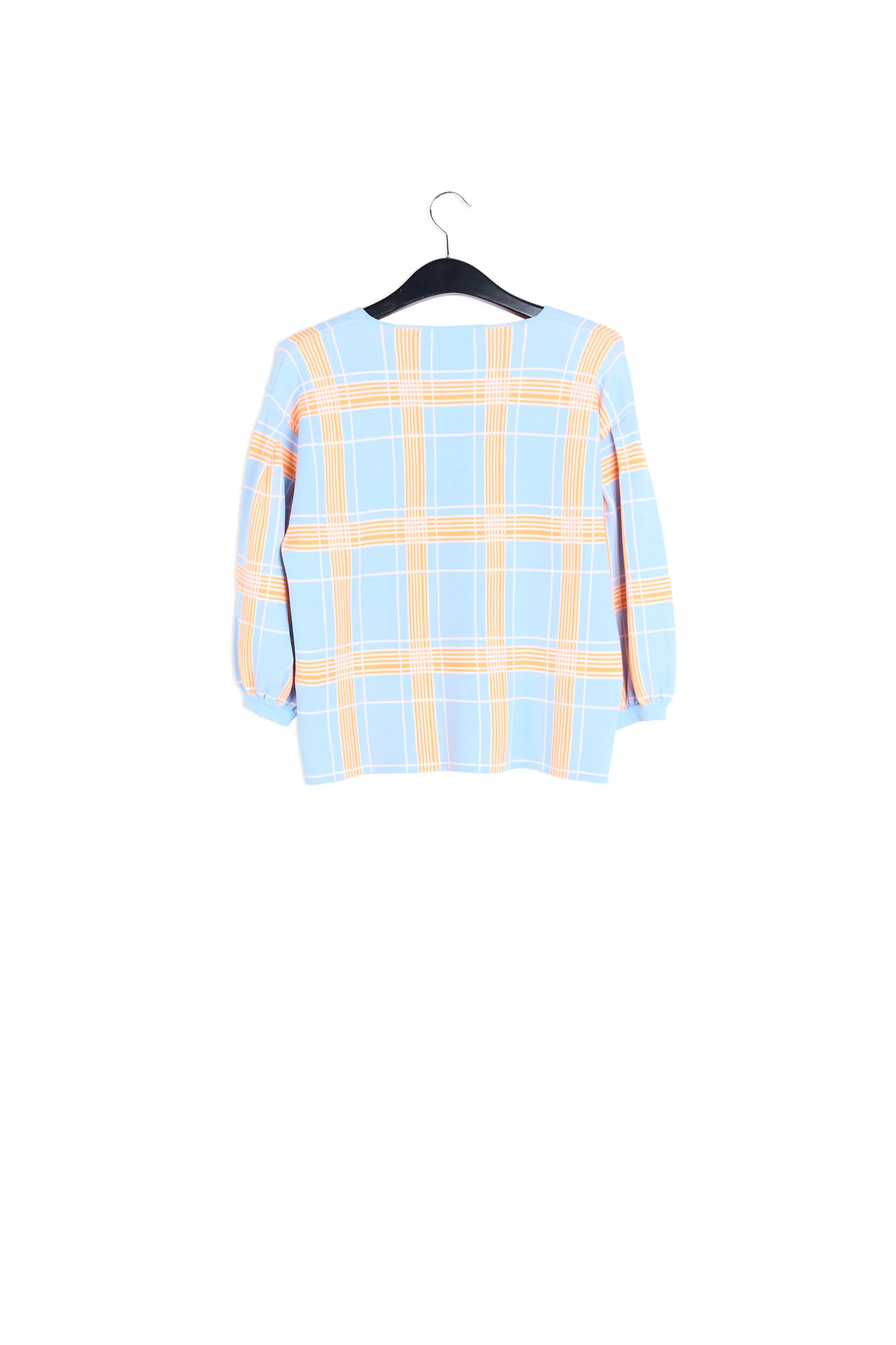 Light blue puffed sleeve knitted top with check motif