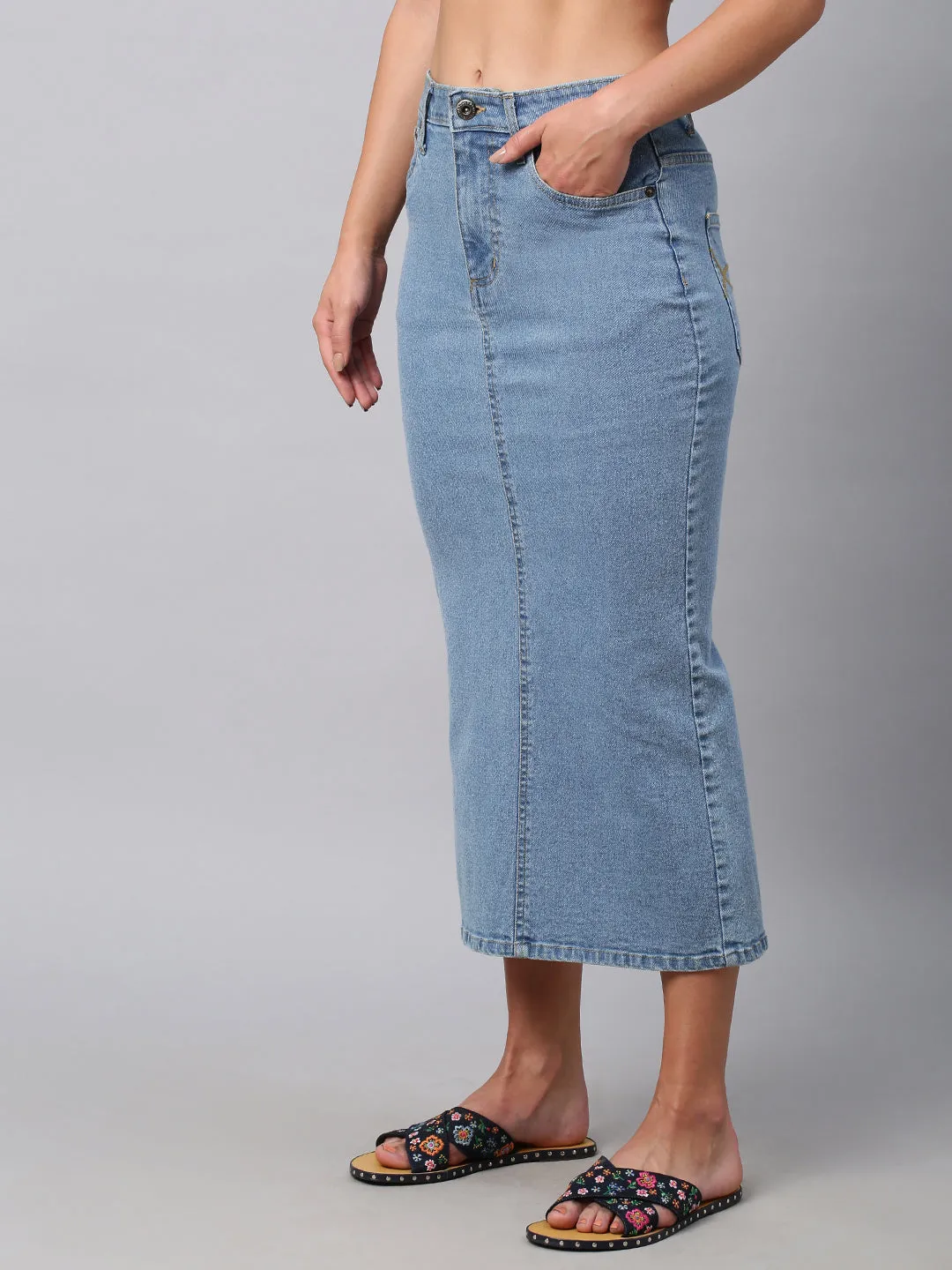 Light Wash 5 Pocket Denim Pencil Skirt