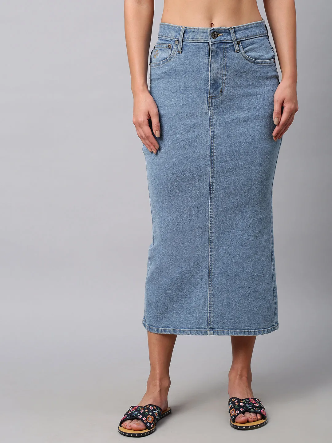 Light Wash 5 Pocket Denim Pencil Skirt