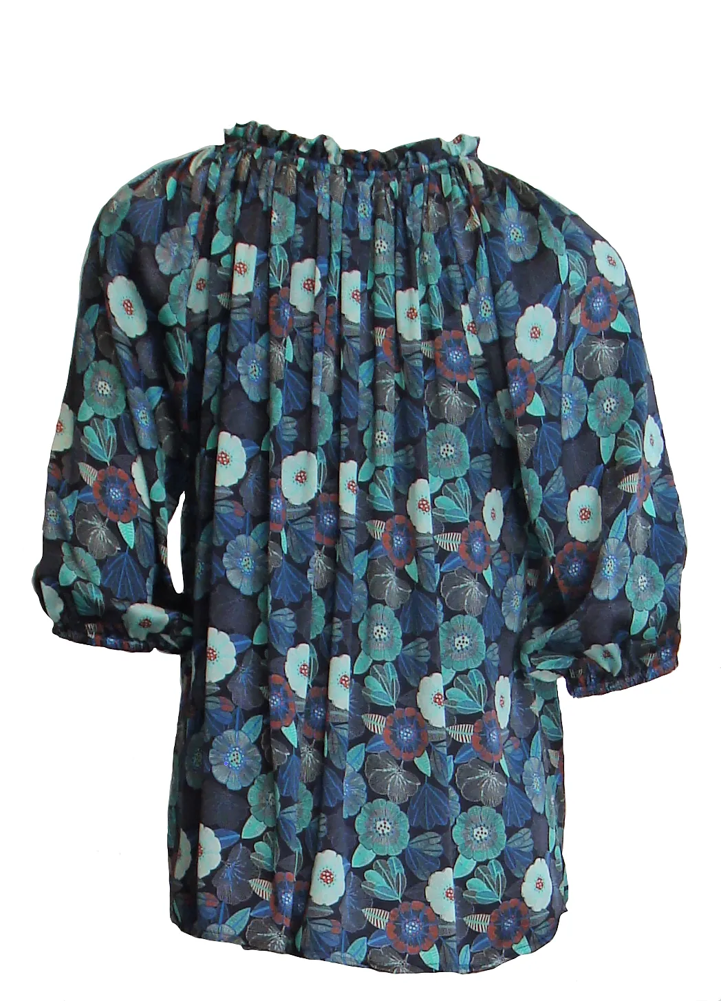 Luxurious 100% Italian Silk Charmeuse 80 gsm Navy Blue, Emerald Green and Blue Poppy Print Top ruffle collar Blouse 3/4 Raglan Sleeves UK Size 6 - 12 by I LOVE LOLA London