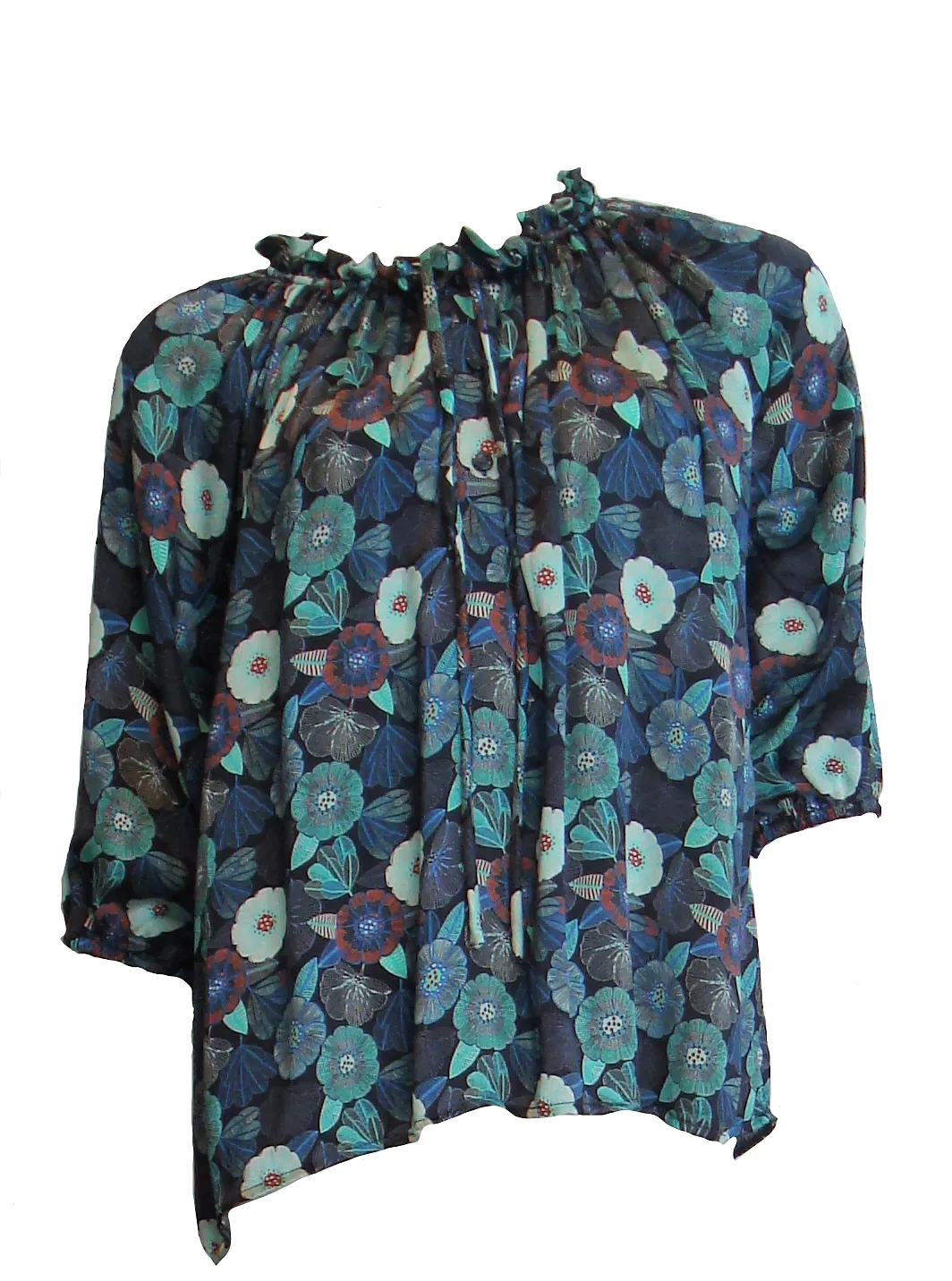 Luxurious 100% Italian Silk Charmeuse 80 gsm Navy Blue, Emerald Green and Blue Poppy Print Top ruffle collar Blouse 3/4 Raglan Sleeves UK Size 6 - 12 by I LOVE LOLA London