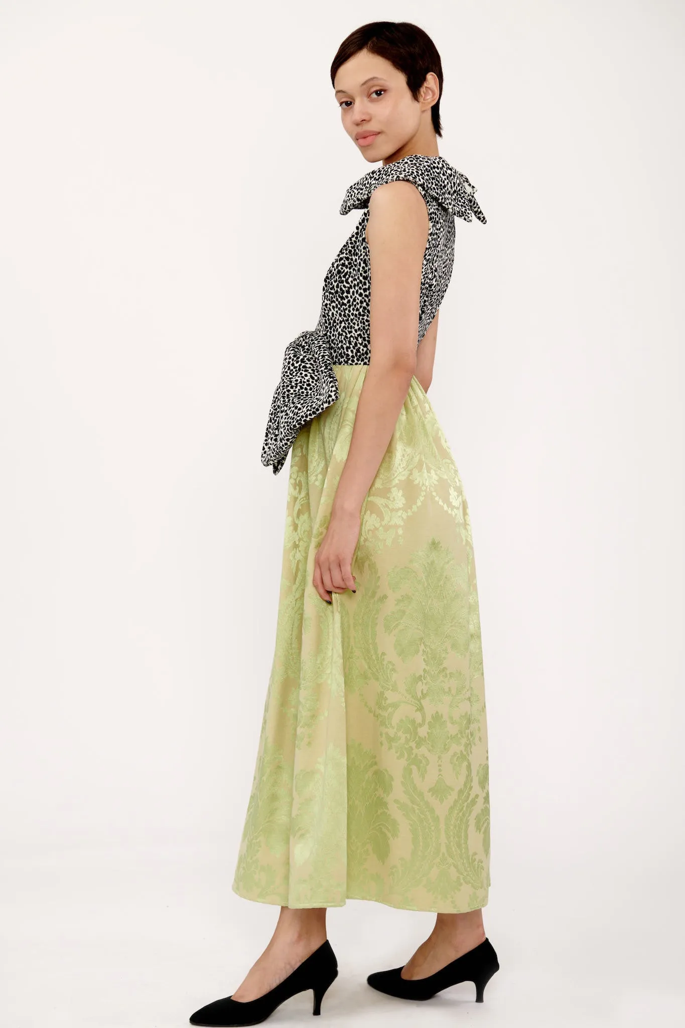 Mandy Dress in Lime Jacquard and Leopard Velvet