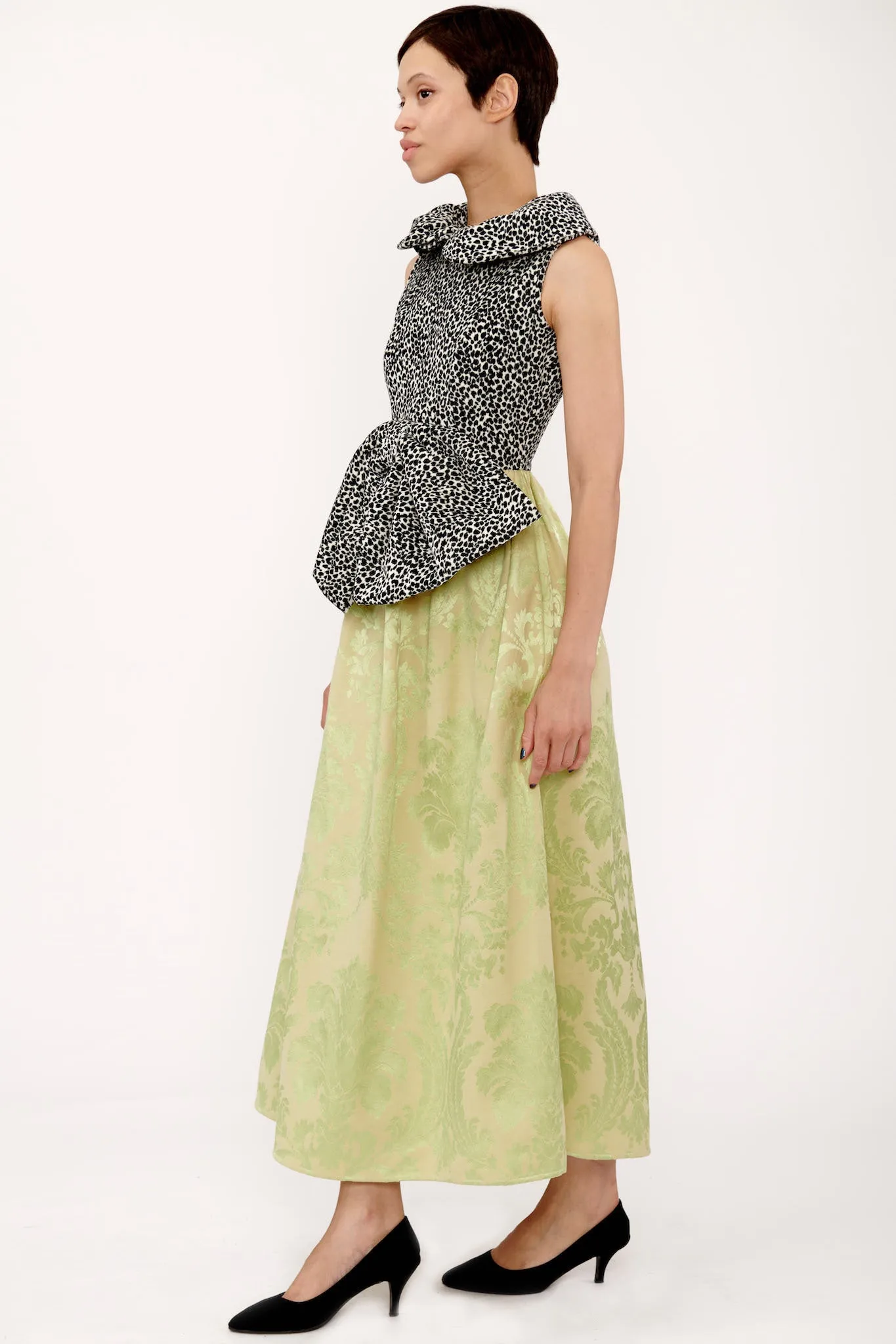 Mandy Dress in Lime Jacquard and Leopard Velvet