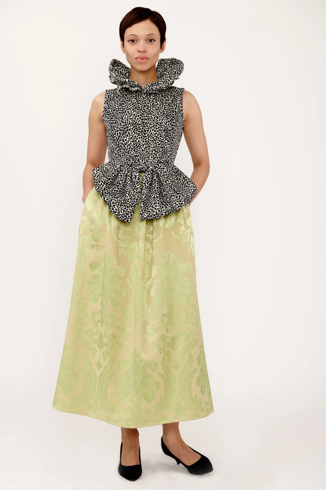 Mandy Dress in Lime Jacquard and Leopard Velvet