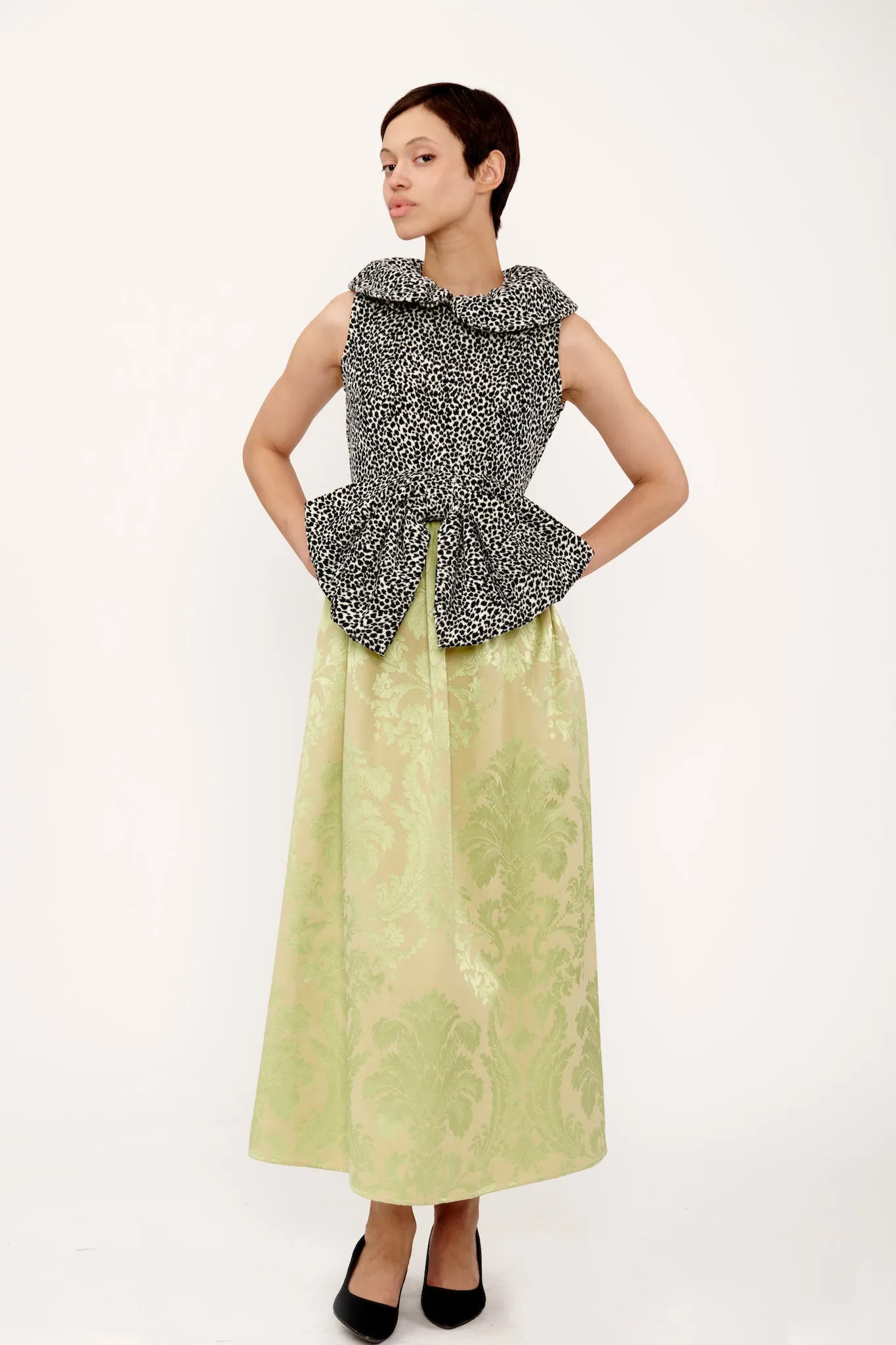 Mandy Dress in Lime Jacquard and Leopard Velvet