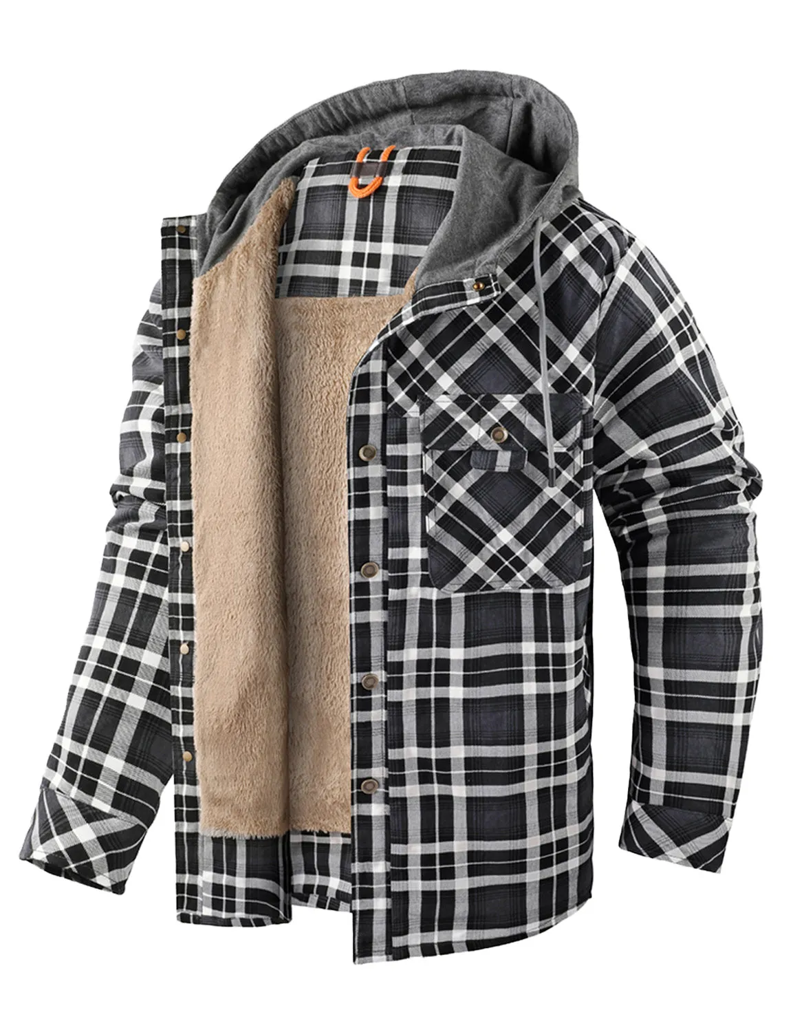 Men's Casual Flannel Lined Long Sleeve Fall Winter Warm Plaid Hooded Shirt Jacket