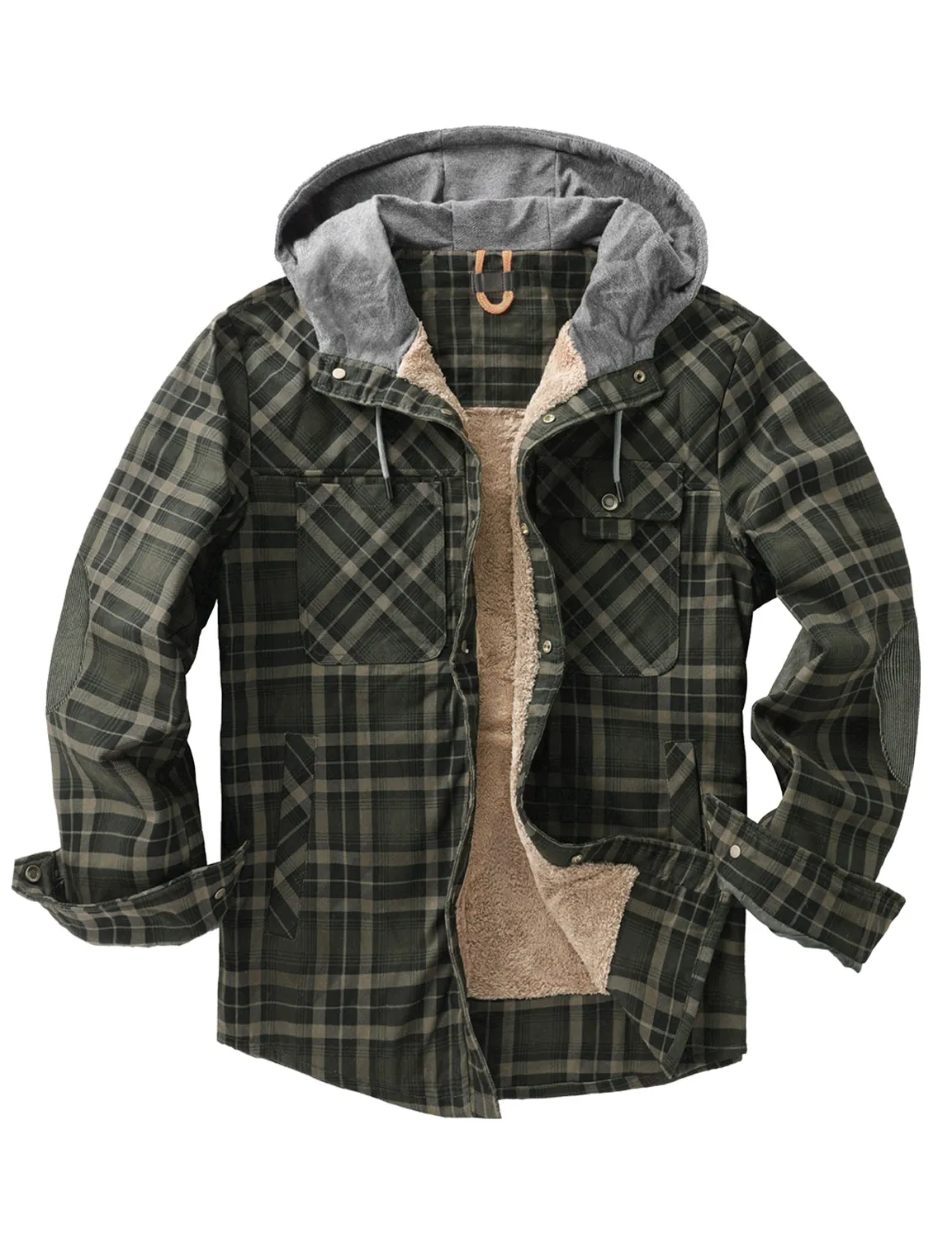 Men's Casual Flannel Lined Long Sleeve Fall Winter Warm Plaid Hooded Shirt Jacket