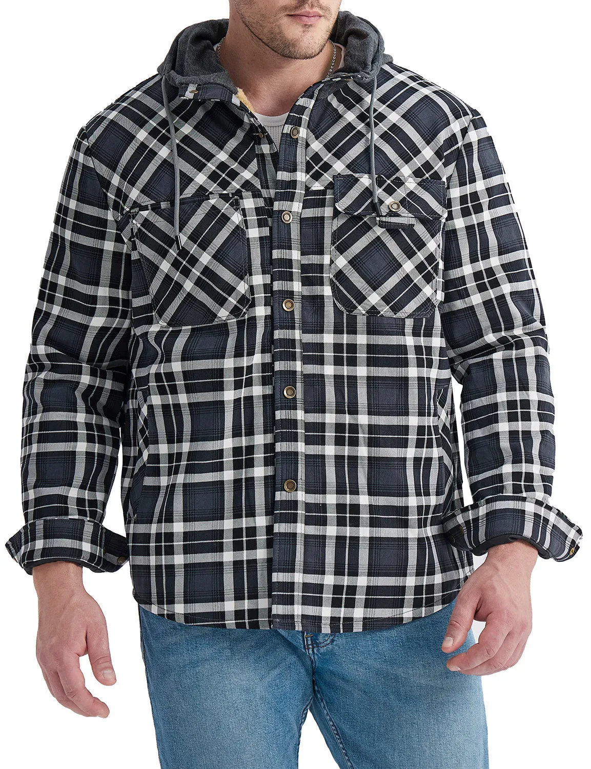 Men's Casual Flannel Lined Long Sleeve Fall Winter Warm Plaid Hooded Shirt Jacket