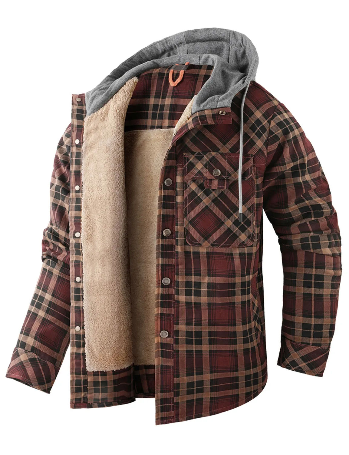 Men's Casual Flannel Lined Long Sleeve Fall Winter Warm Plaid Hooded Shirt Jacket