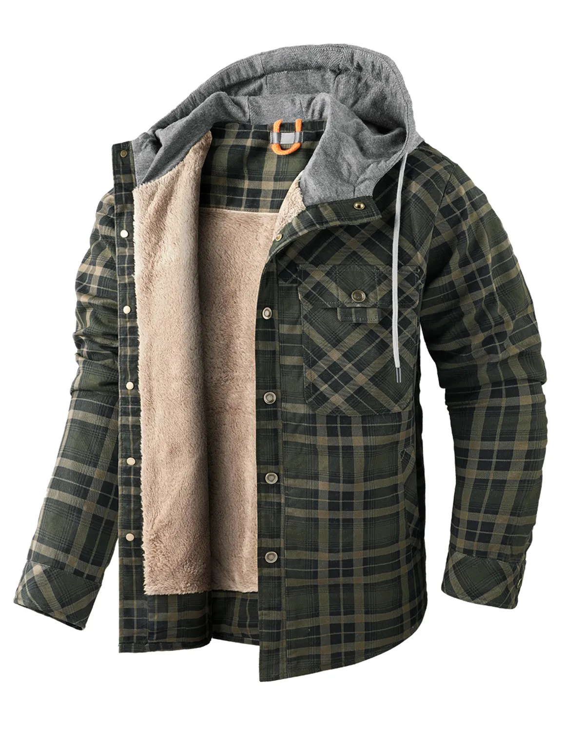 Men's Casual Flannel Lined Long Sleeve Fall Winter Warm Plaid Hooded Shirt Jacket