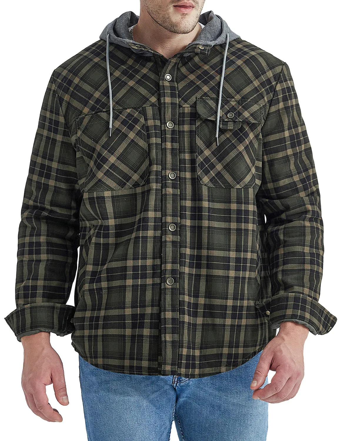 Men's Casual Flannel Lined Long Sleeve Fall Winter Warm Plaid Hooded Shirt Jacket