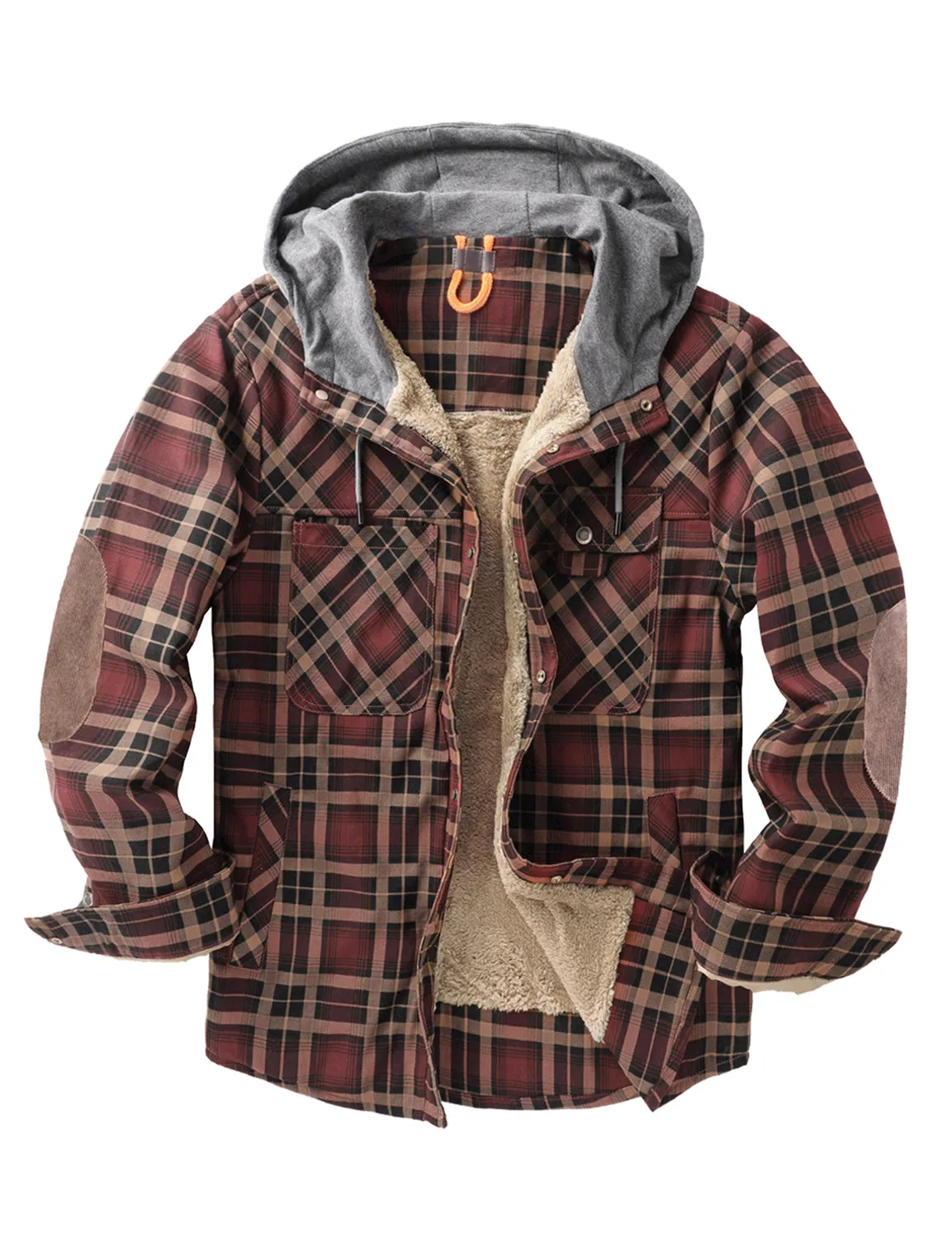 Men's Casual Flannel Lined Long Sleeve Fall Winter Warm Plaid Hooded Shirt Jacket