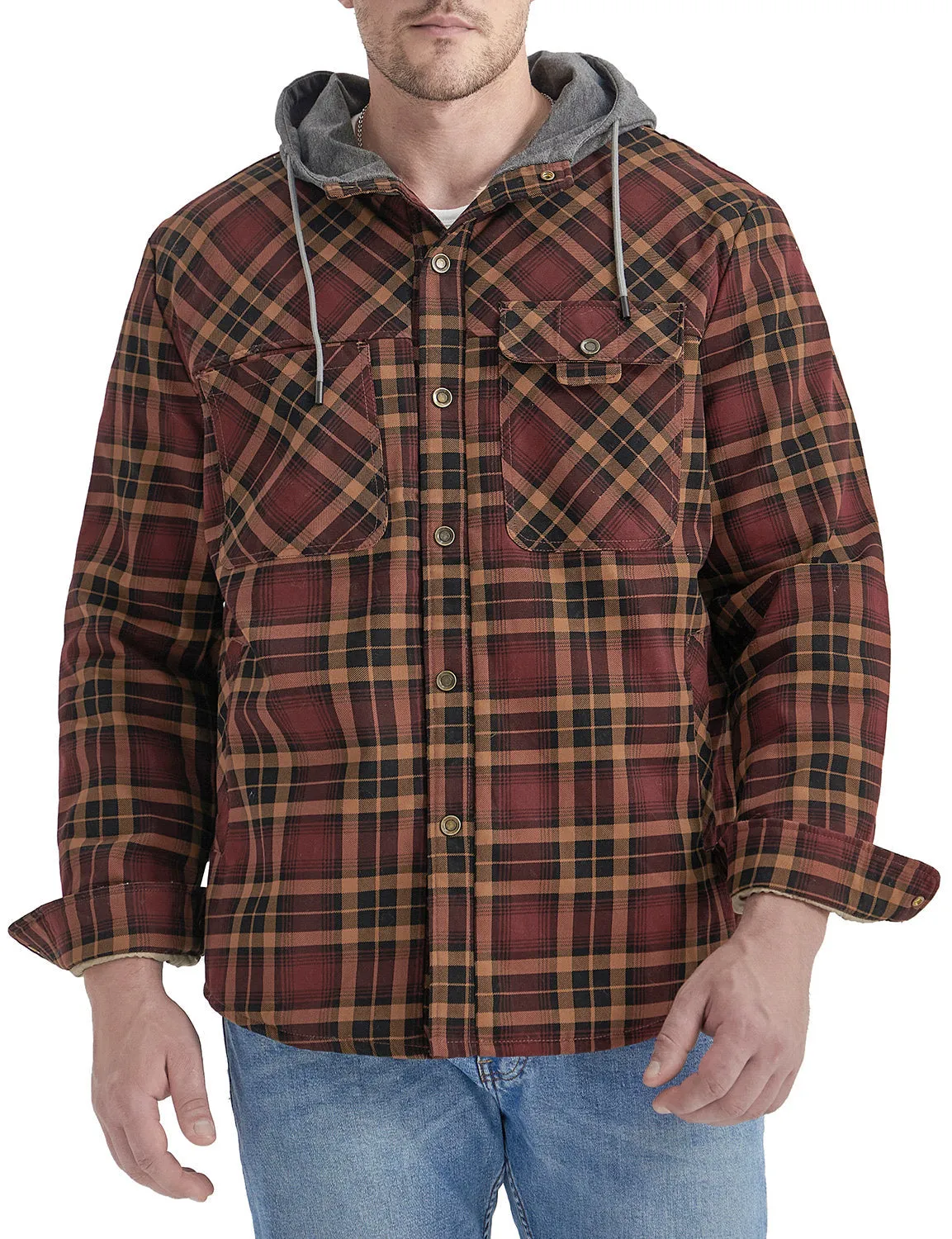 Men's Casual Flannel Lined Long Sleeve Fall Winter Warm Plaid Hooded Shirt Jacket