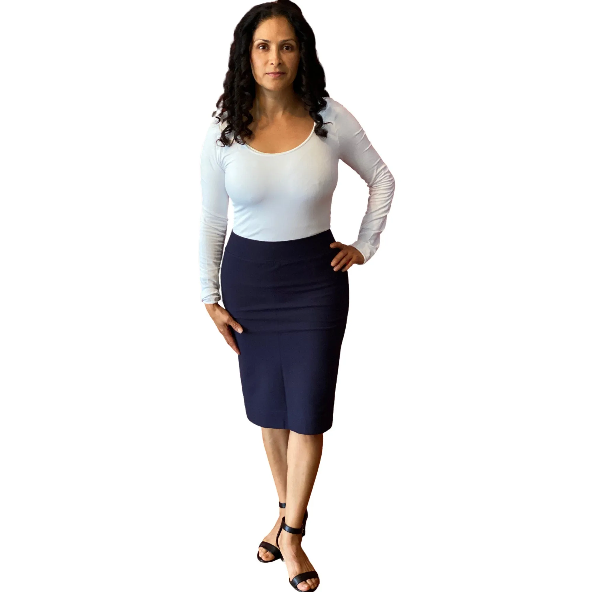 Navy Blue Classic Pencil Skirt, Comfort Stretch Pencil Skirt, Bodycon Midi Skirt, Stretchy Slimming Silhouette Skirt, Day & Night Skirt