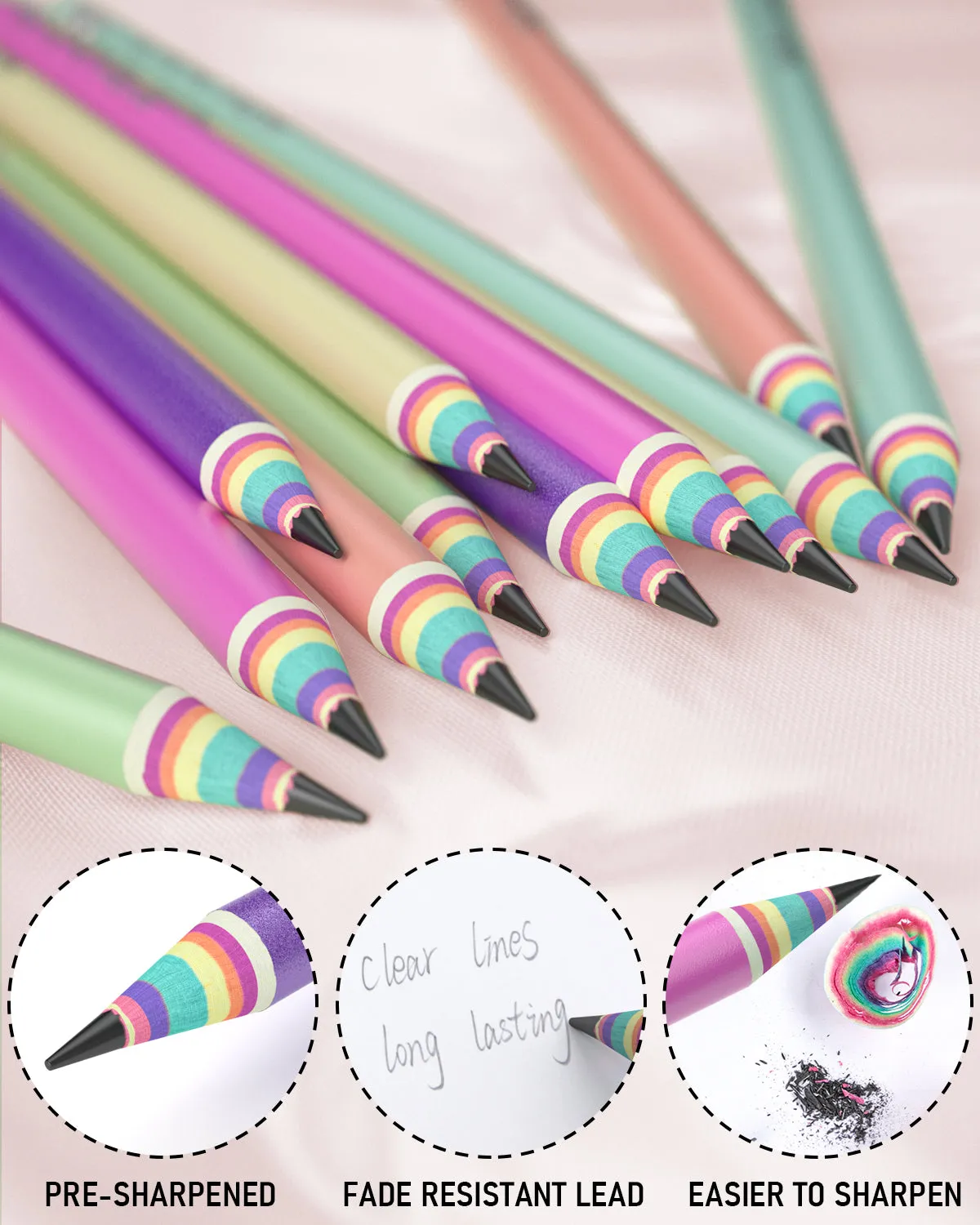 Nicpro 12PCS Rainbow Pencils HB #2, Cute Pastel Pencils Pre-Sharpened Wooden Pencils, Break-Resistant & Eco-friendly School Pencil For Kids, Girls Drawing Writing Sketching, Black HB Lead