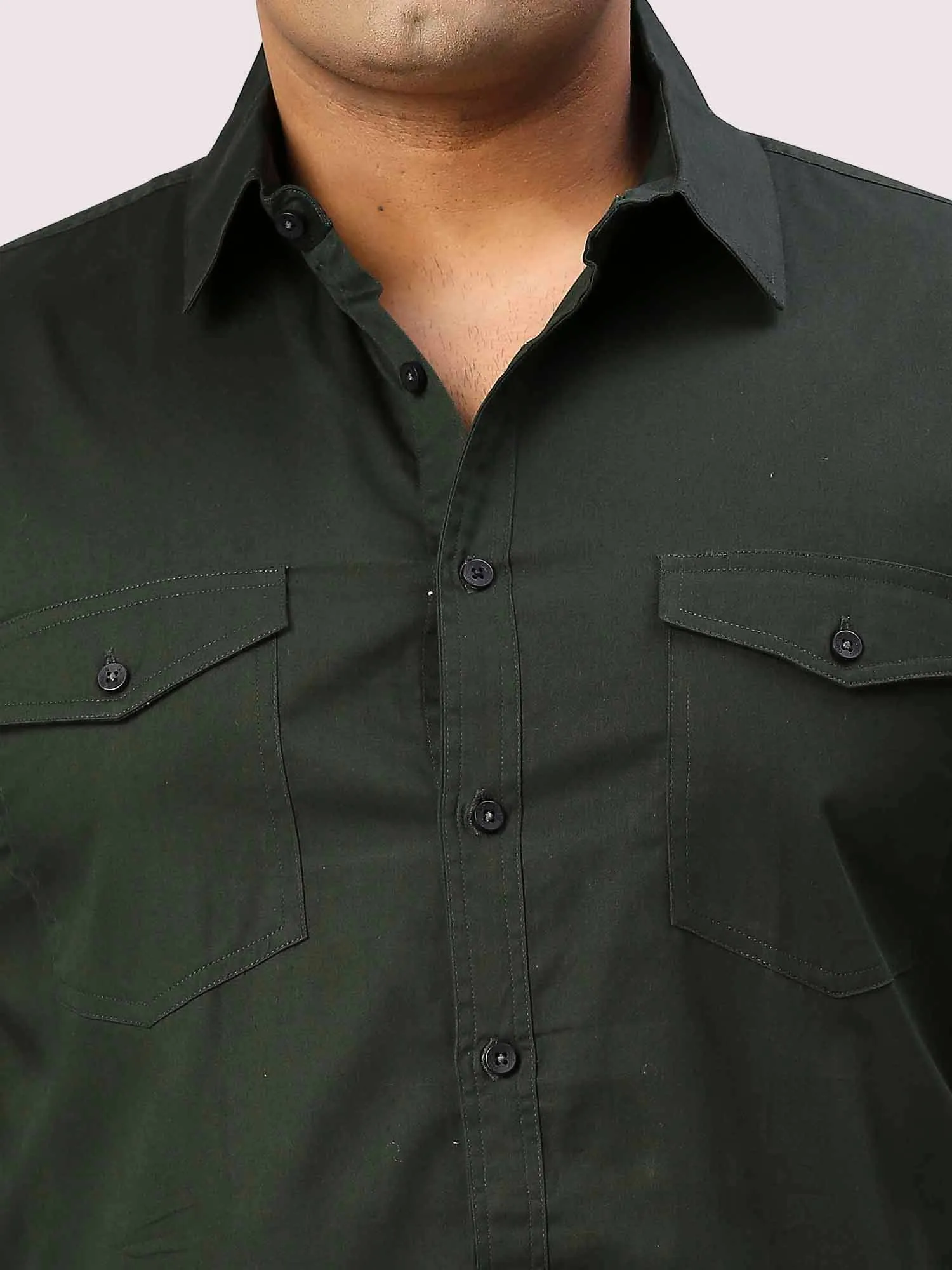 Olive Green Solid Pure Cotton Double Pocket Full Sleeve Shirt Men's Plus Size