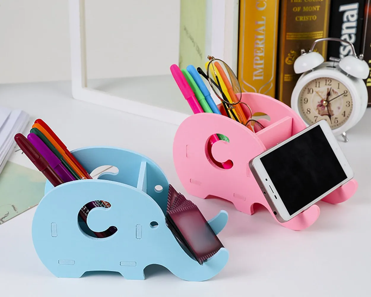 Pencil Holder 2 Pcs Elephant Shaped Pencil Bracket with Cell Phone Stand