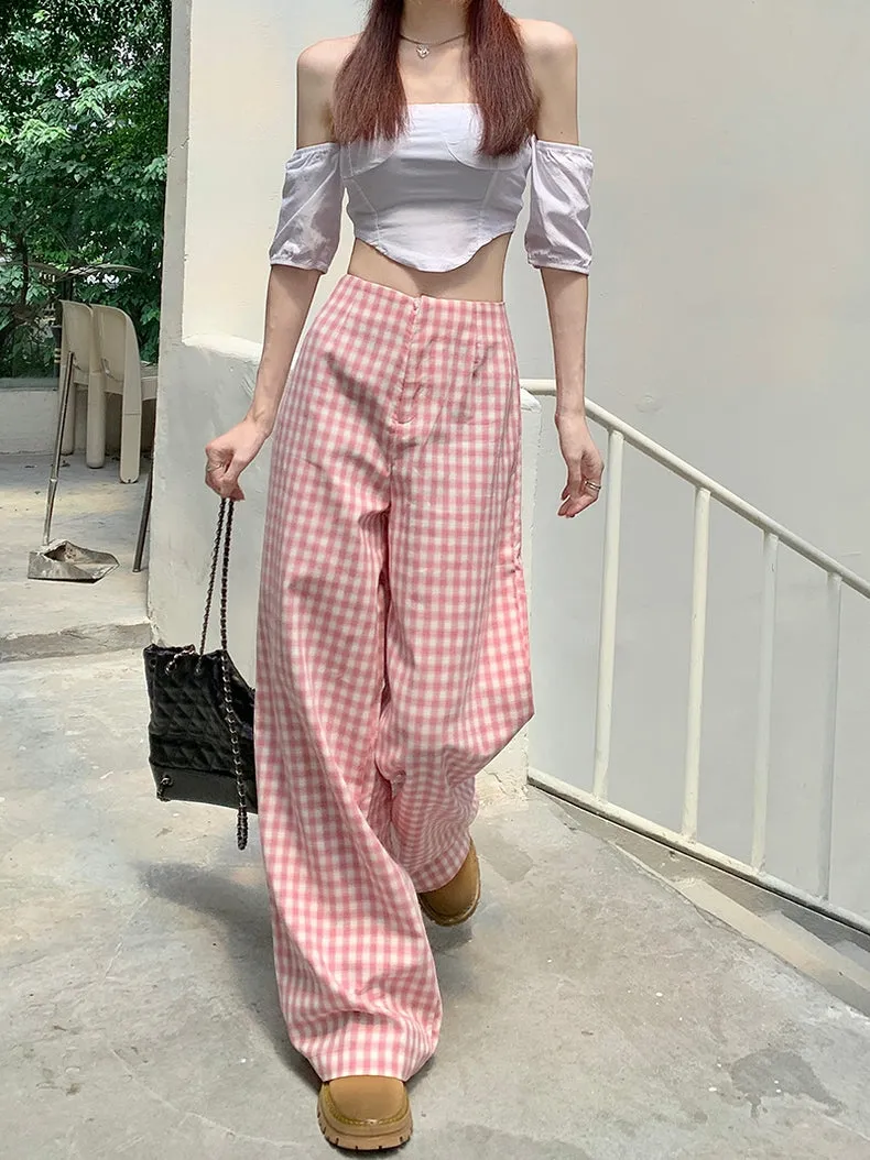 Pink Plaid High Waist Loose Straight Tube Wide Leg Trousers Casual Pants