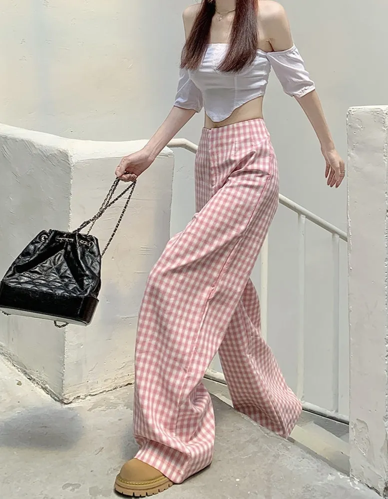 Pink Plaid High Waist Loose Straight Tube Wide Leg Trousers Casual Pants