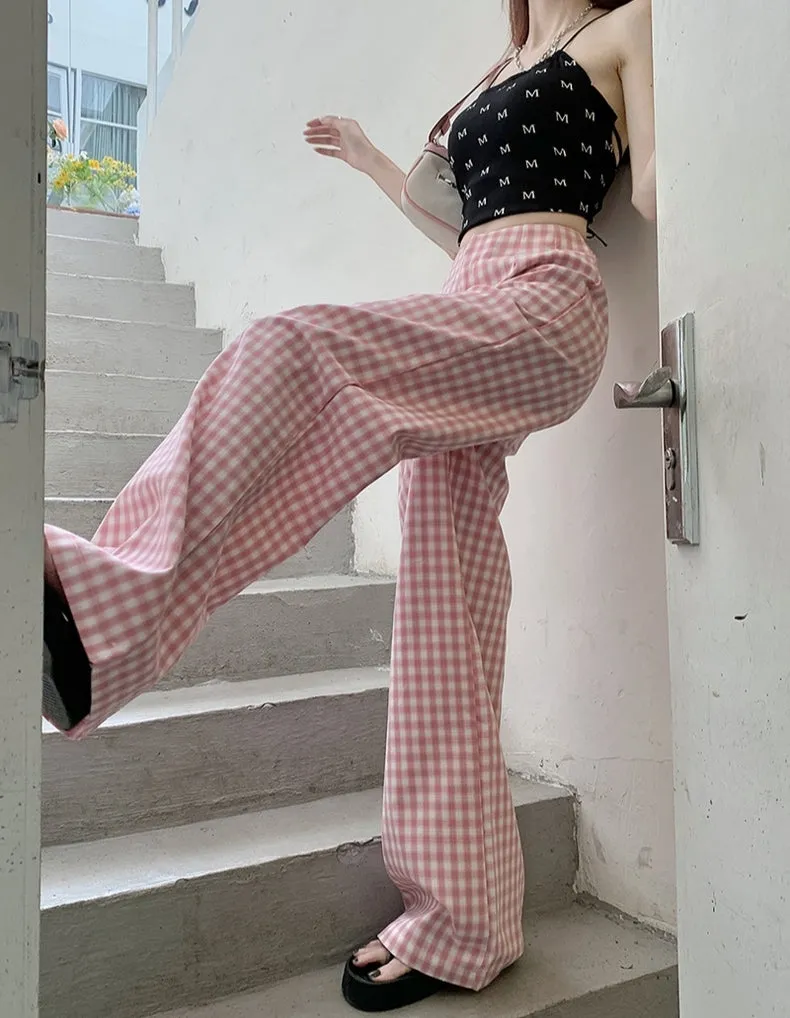 Pink Plaid High Waist Loose Straight Tube Wide Leg Trousers Casual Pants