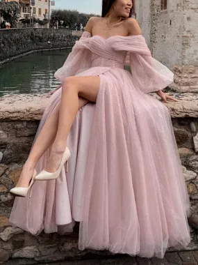 PINK TULLE LONG PROM DRESS, PINK TULLE LONG EVENING DRESS    fg239