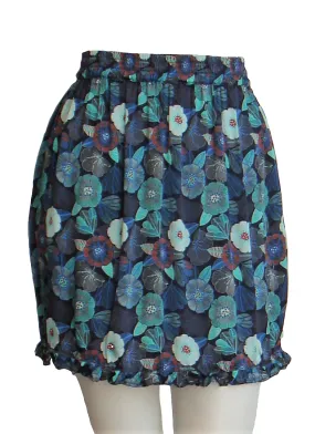 Pure Luxury Italian Silk Charmeuse Navy Blue, Emerald Green and Blue Poppy print mini skirt elastic waist UK Size 6 - 10 by I LOVE LOLA London