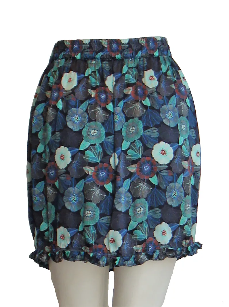 Pure Luxury Italian Silk Charmeuse Navy Blue, Emerald Green and Blue Poppy print mini skirt elastic waist UK Size 6 - 10 by I LOVE LOLA London