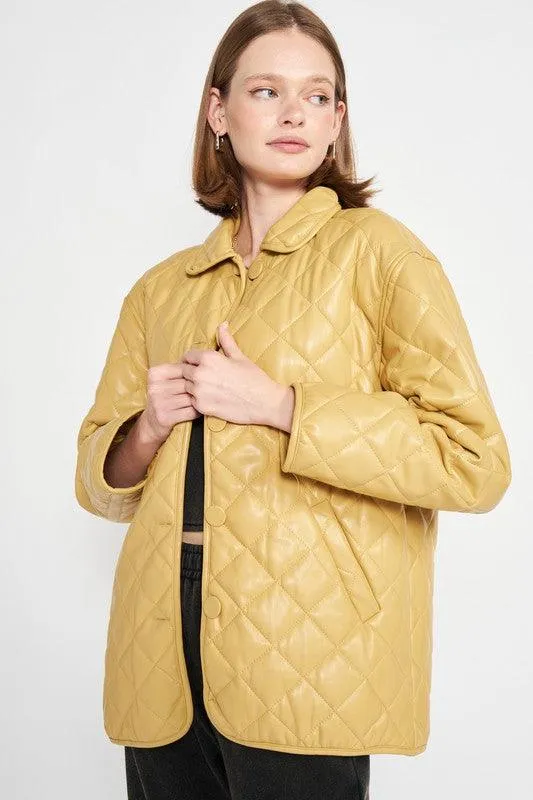 Quilted PU Leather Button Down Jacket