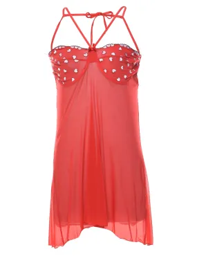 Red Sheer Heart Design Embroidered Halterneck Slip Dress  - XS