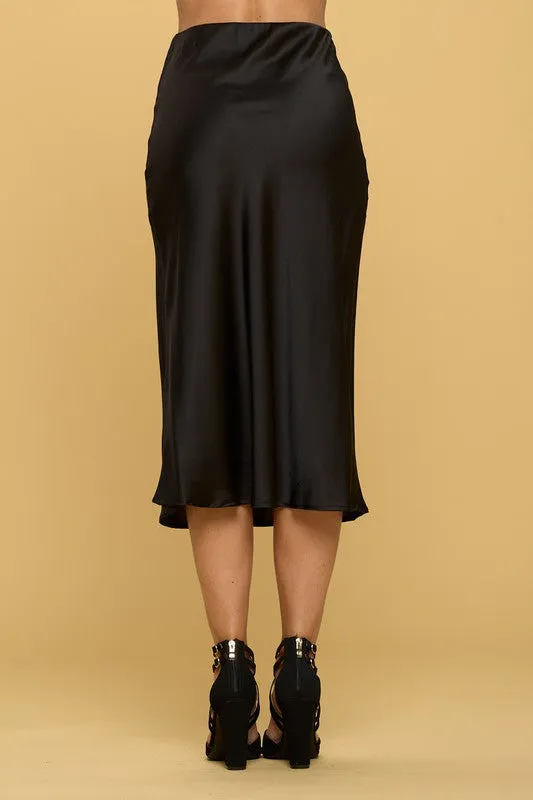 RENEE C. Solid Black Midi Satin Pencil Skirt