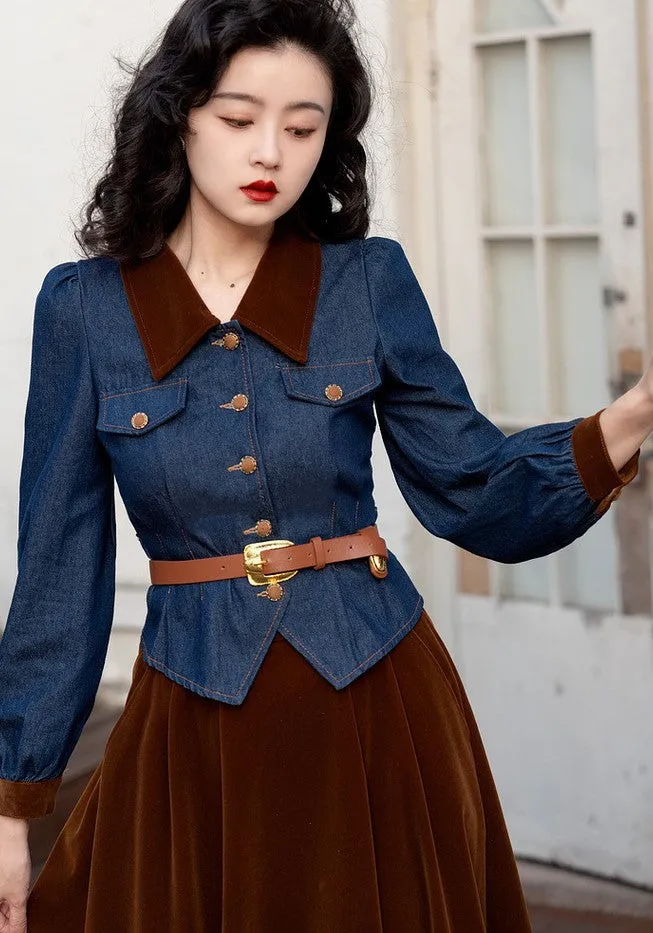 Retro 50s Denim Velvet Skirt Set