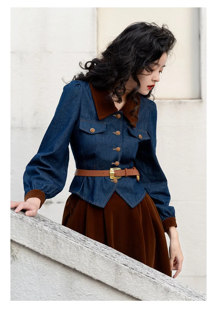 Retro 50s Denim Velvet Skirt Set