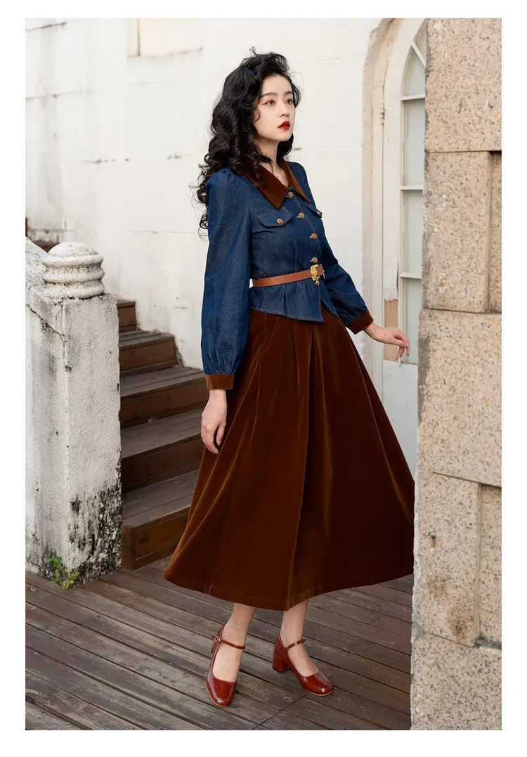 Retro 50s Denim Velvet Skirt Set