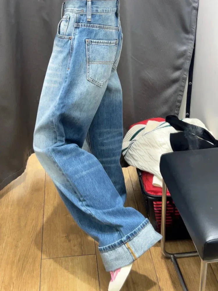 Retro Denim Blue Jeans Women High Waist Wide Leg Straight Y2k Pants