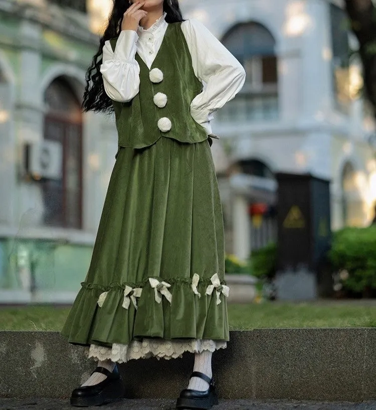 Retro Green Velvet Bow Tie Skirt