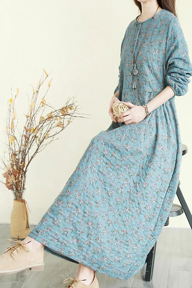 single-breasted linen long floral dress with crew and  3/4 sleeves CYM344