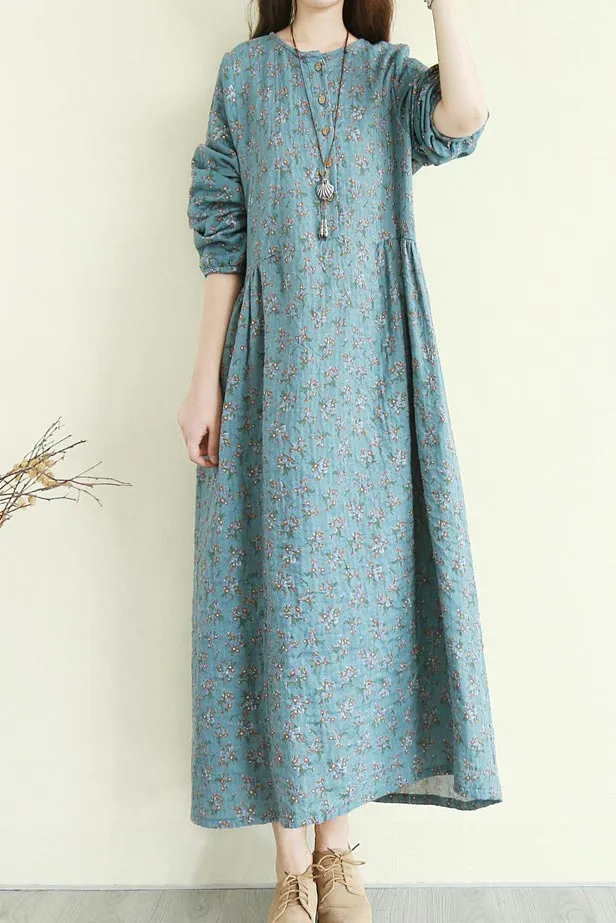 single-breasted linen long floral dress with crew and  3/4 sleeves CYM344