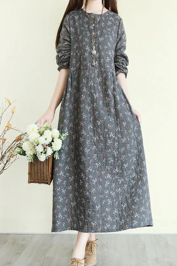 single-breasted linen long floral dress with crew and  3/4 sleeves CYM344