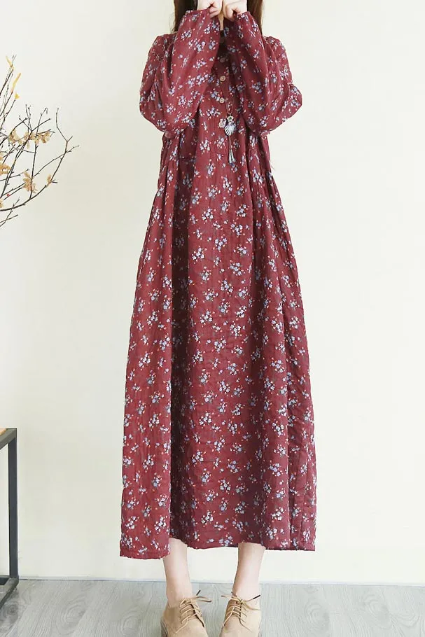 single-breasted linen long floral dress with crew and  3/4 sleeves CYM344