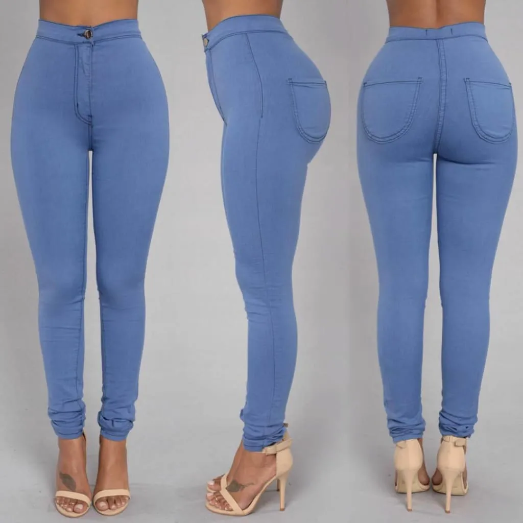 Solid Color High Waist Back Pocket Skinny Stretch Jeans