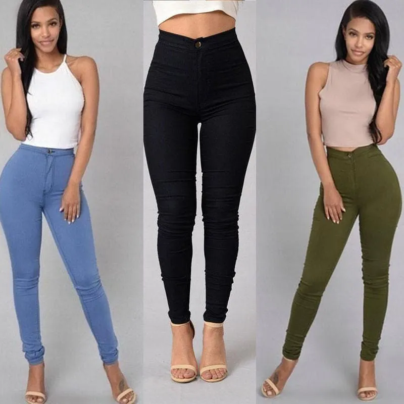 Solid Color High Waist Back Pocket Skinny Stretch Jeans