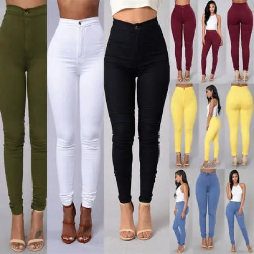 Solid Color High Waist Back Pocket Skinny Stretch Jeans