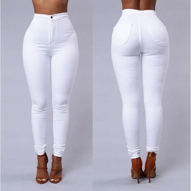 Solid Color High Waist Back Pocket Skinny Stretch Jeans