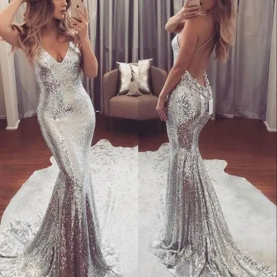 Sparkly Silver V Neck Sleeveless Sequin Mermaid Dress With Train     fg1786