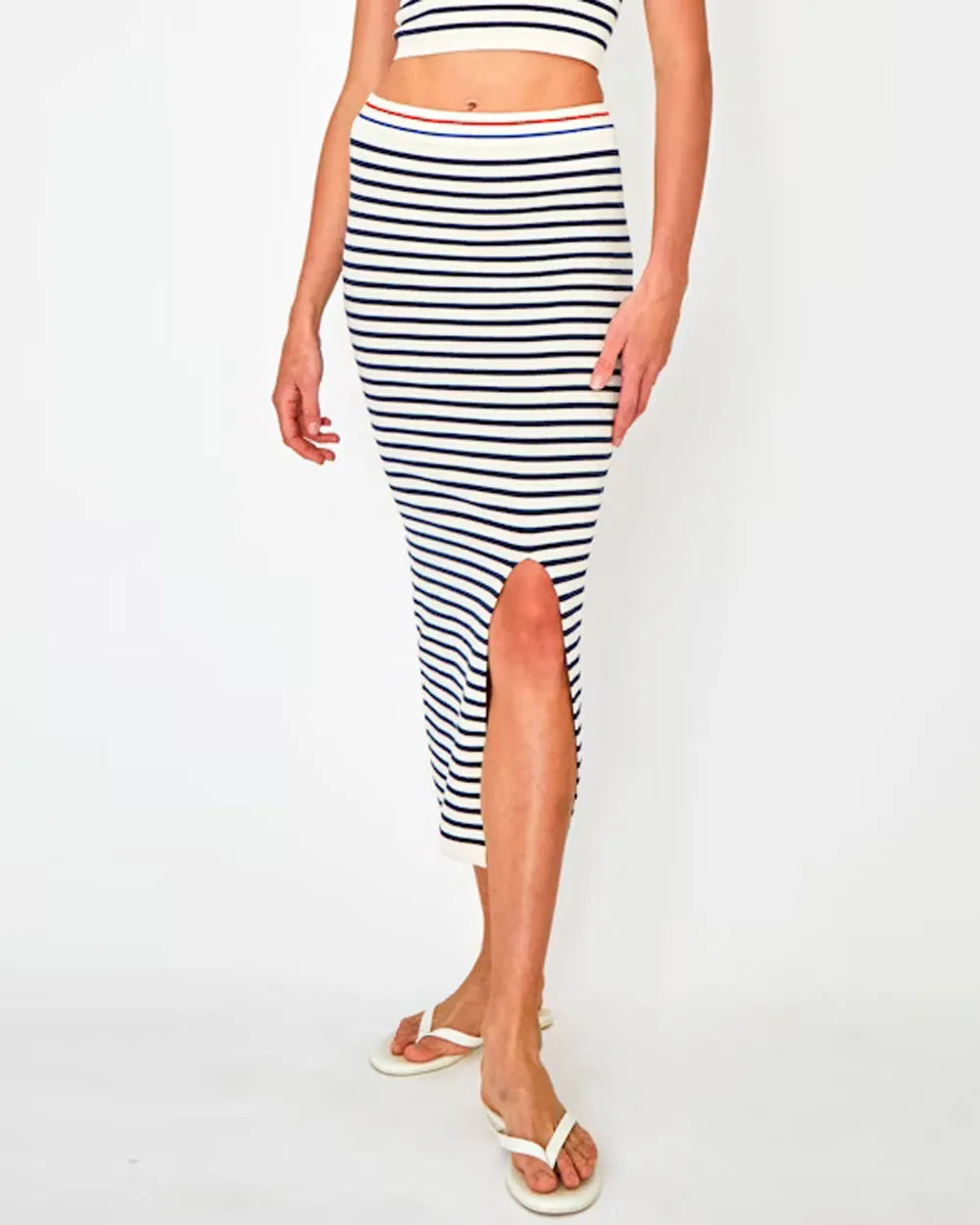 The Dee Tube Skirt in Cream and Navy Stripe