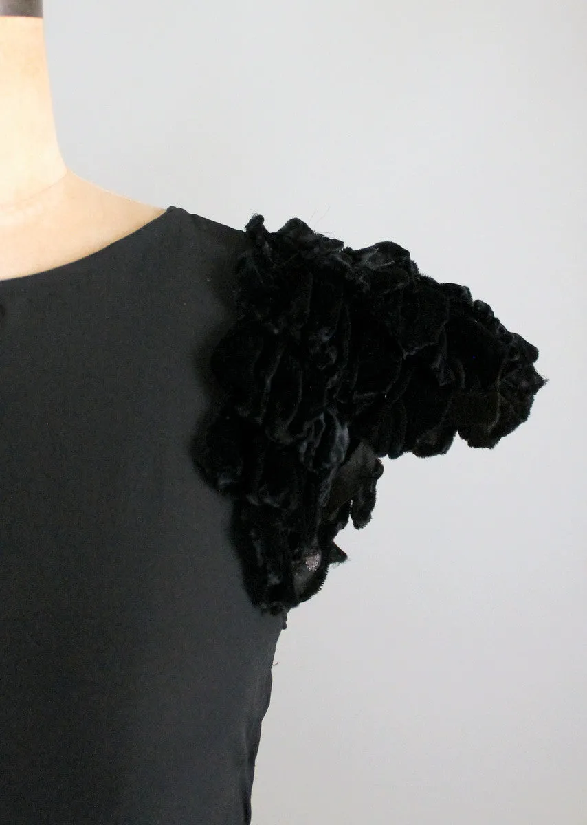 Vintage 1930s Black Evening Dress with Velvet Petal Sleeves